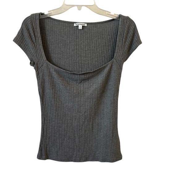 Reformation Ribbed Square Neckline Short Sleeve Gray Shirt Small - Picture 2 of 8